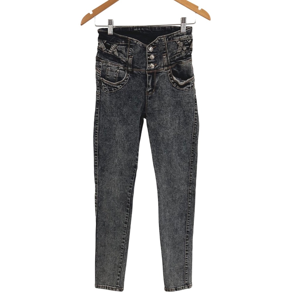 Elvas Womens High Waisted‎ Skinny Jeans Dark Acid Wash Triple Button Size 3 Y2K